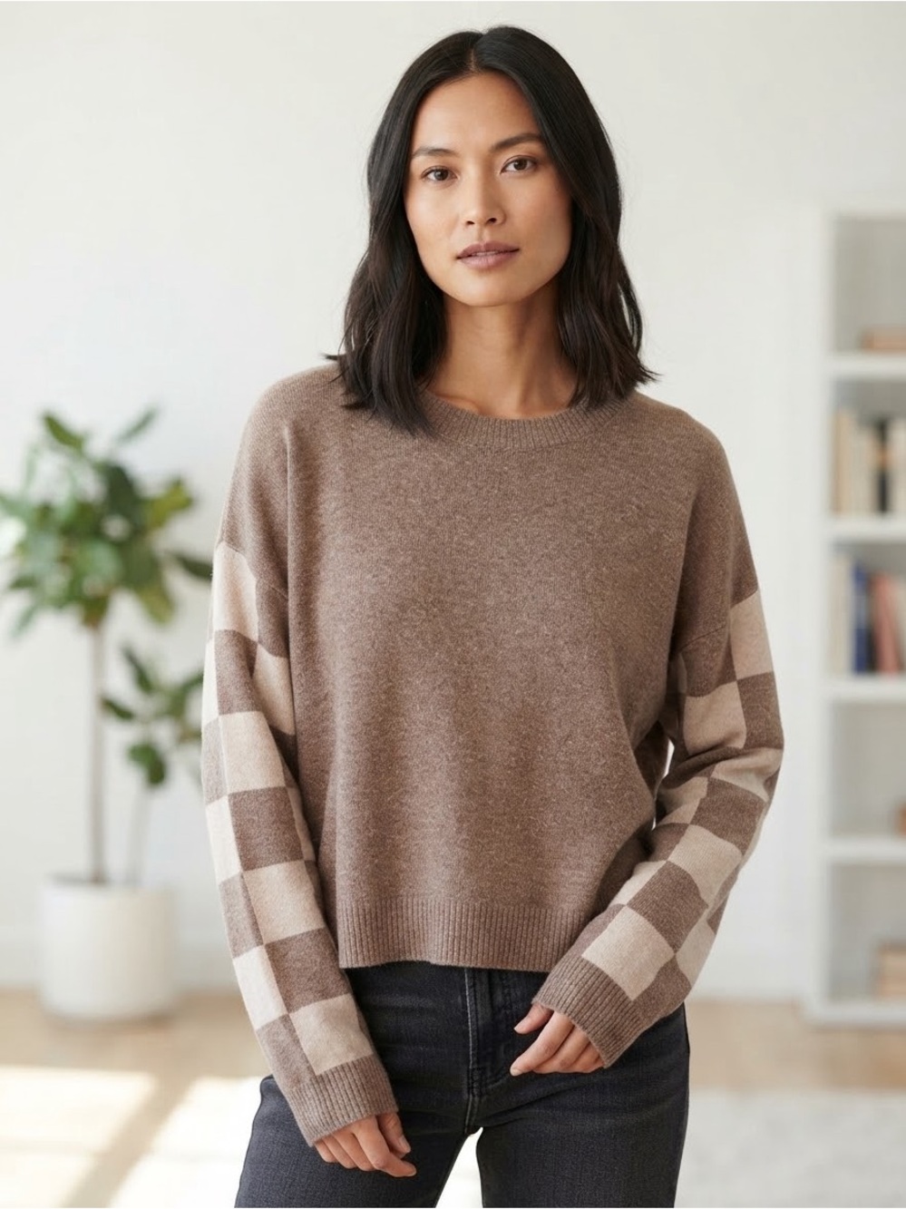 Blu Pepper Taupe Crewneck Sweater with Cream Check Sleeves